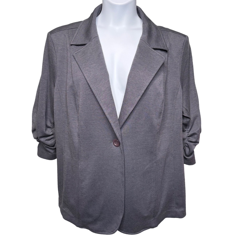 SUAN GRAVER Womens Gray Ruched Sleeve Blazer 2X Stretch Business Casual Layering